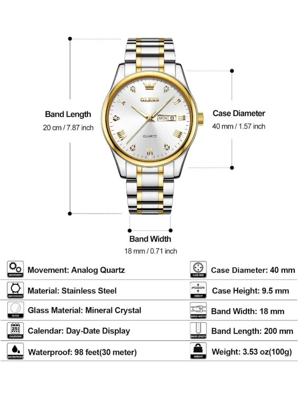 Olevs Men's Silver Gold Luxury Stainless Steel Big Analog Quartz Luminous Watch